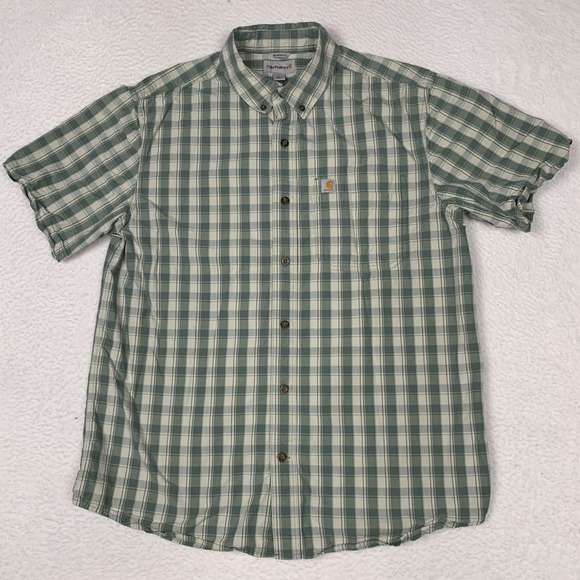 Carhartt Relaxed Fit Button Up T Shirt Mens Size L Plaid Double Pockets Green - Picture 1 of 8